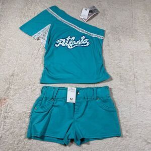 NWT Y2K Atlanta Graphic One Shoulder Top & Shorts Set Turquoise McBling Mall Bad